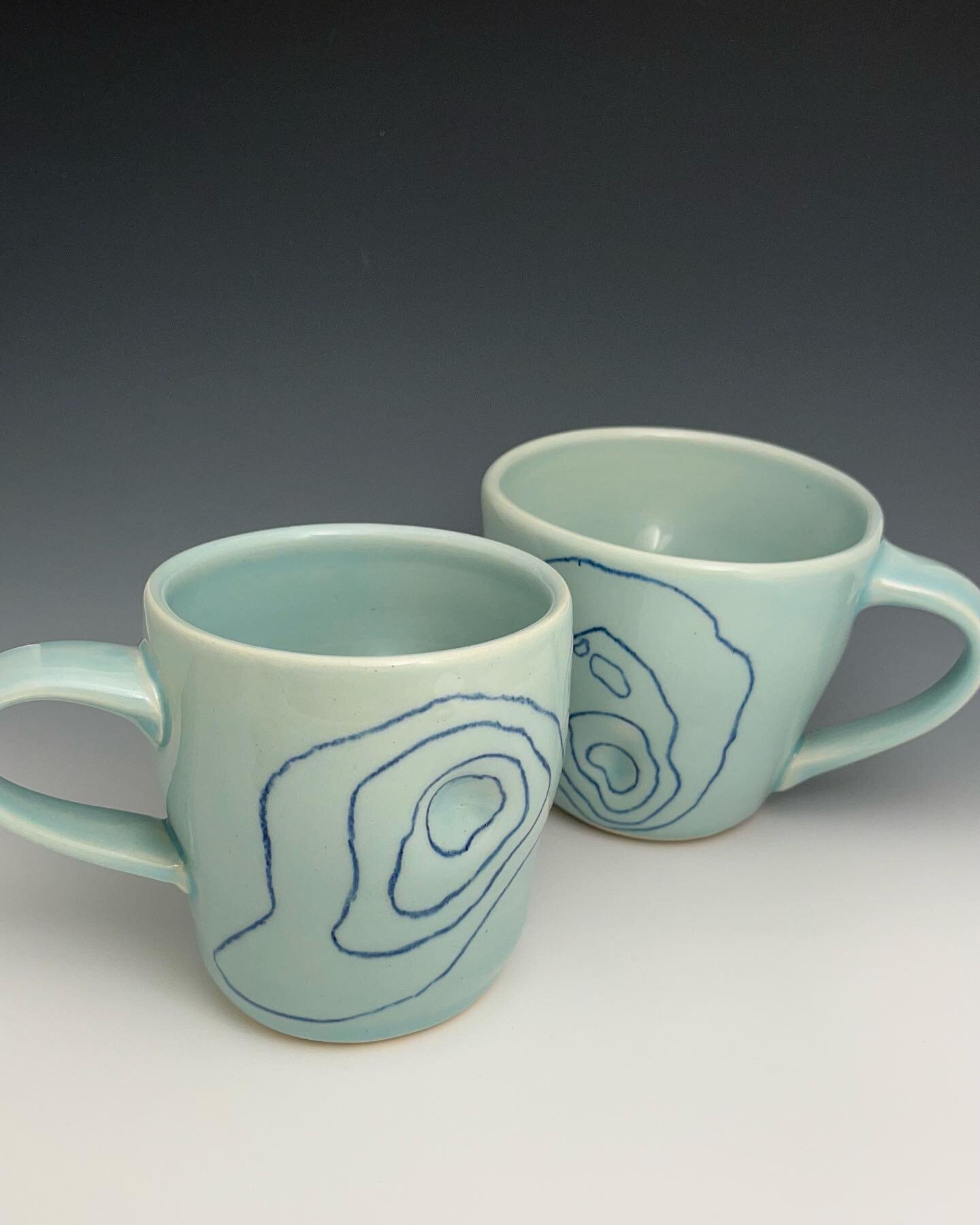 Hope everyone is having a good #mugshotmonday ☕️ and May Day!

Here in Boise we&rsquo;ve jumped directly into summer☀️

#boisemudworks 
#mugs 
#pottery 
#blueceladon 
#underglazepencil 
#contourlines 
#madeinboise