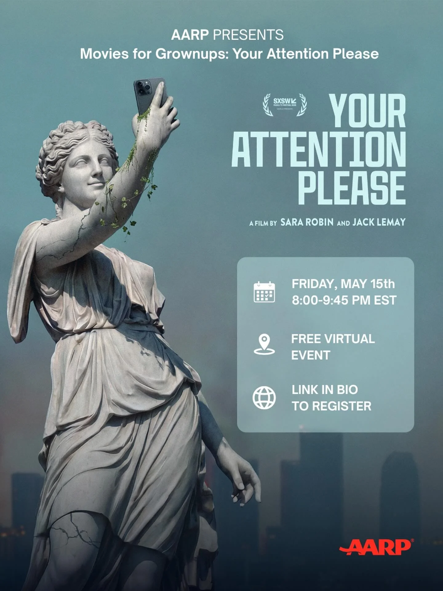 TONIGHT!!!! Join AARP&rsquo;s Movies for Grownups free virtual screening of Your Attention Please! We&rsquo;re proud to be part of a series that believes great films should be free and accessible to all groups.

Register at the link in our bio.

#Mov