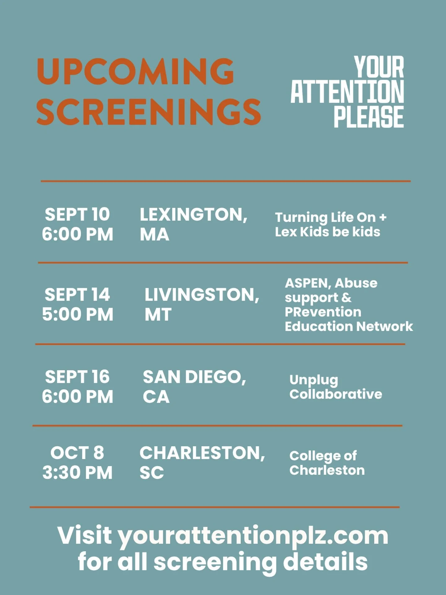 Join us for an advance screening of &ldquo;Your Attention Please&rdquo; in a city near you. Learn more on our site, and keep checking back here as more screenings are added. We can&rsquo;t wait for you to see our film.