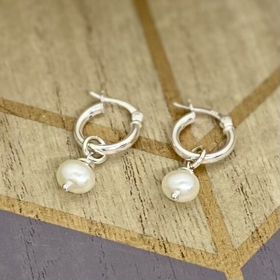 Sterling Silver White Pearl Small Hoop Huggies Earrings for Women & Girls 