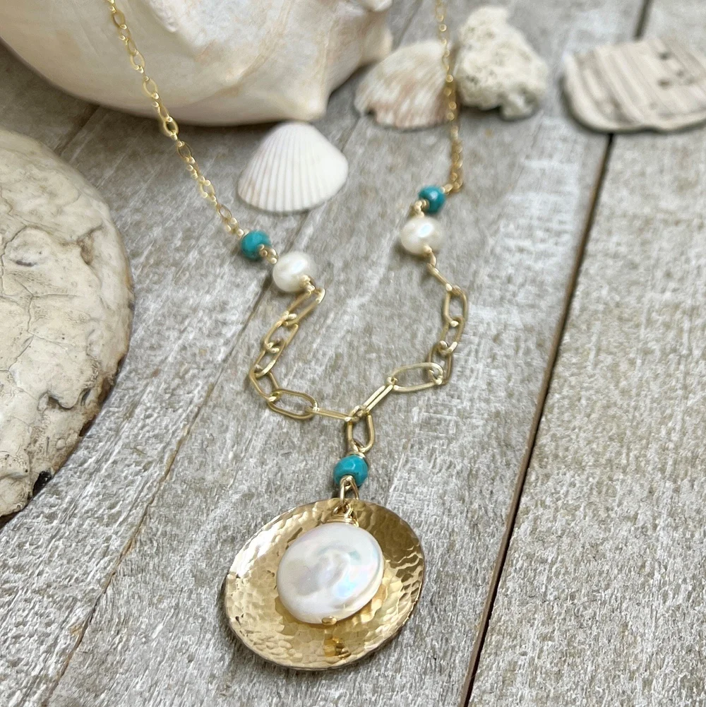 Fiji Necklace Turquoise Coin Pearl and 14K Gold Filled — Simply