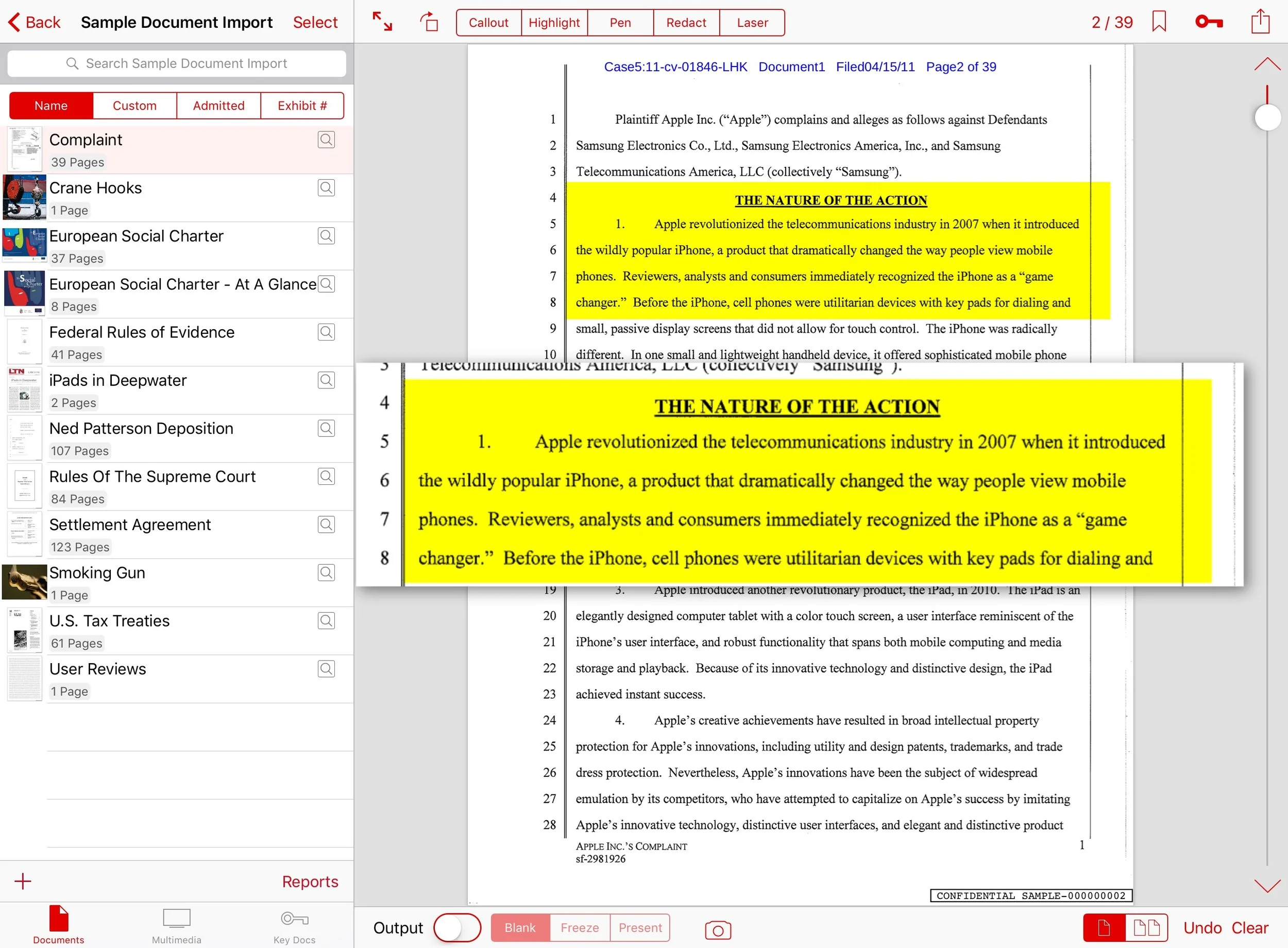 This shows a callout that has been created on the fly by simply drawing a box around the desired text with your finger or a stylus. That same information can then be highlighted for emphasis.