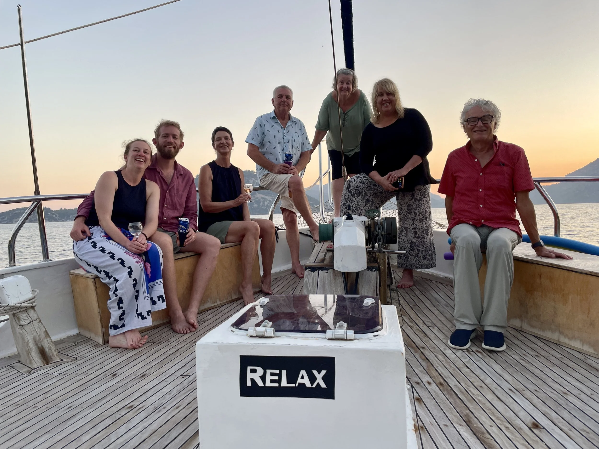 Seven (outta ten) of us mates onboard Roz, our Turkish gulet!