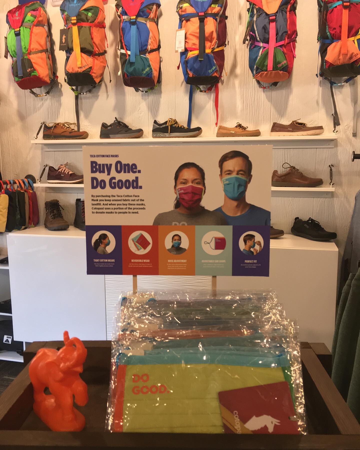 Cotopaxi Teca Face Masks are in stock! 
We love them because they have adjustable straps, reversible, and colorful. With each purchase, a portion of the proceeds will go to masks for people in need.
 
Stop in and get them while they last 😍