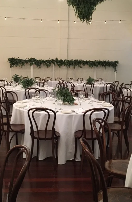 White Tablecloth $22 each Trestle size 3.8m x 2.4m (Drapes to floor on a 2.4m x 90cm table) Round size 3.8m round (Drapes to the floor on a 1.8m round table)