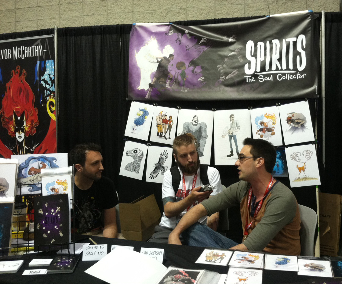 Colin and Joe being interviewed by Talking Comics. It took us a while to figure out how to hang banners straight.