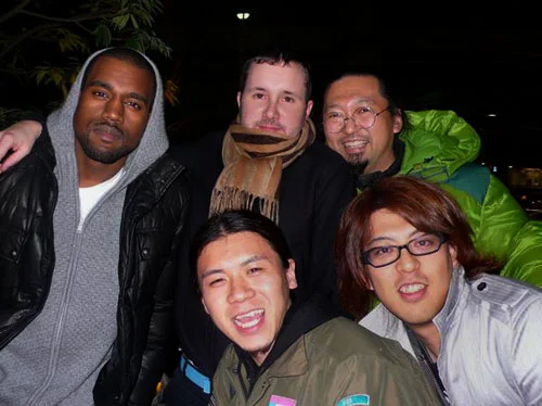 Kanye West, Kim Jones, Takashi Murakami and his team in 2008 (image: Hintmag)