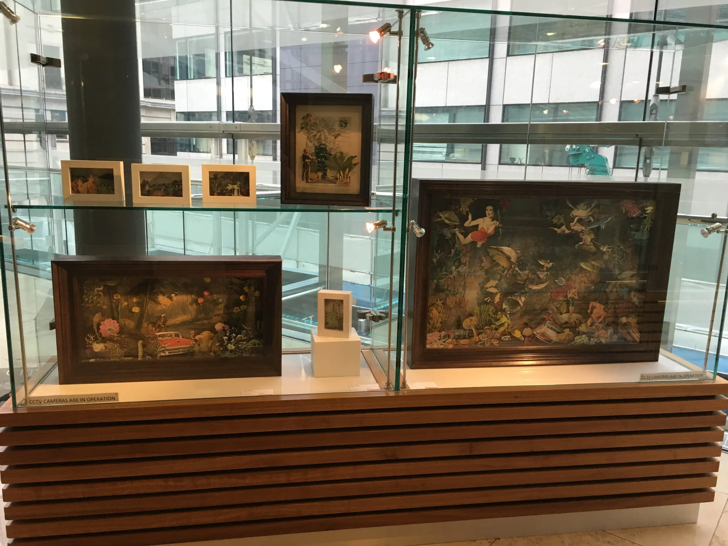 Display case at the top of the escalators featuring Maria Rivans' original collages in bespoke 3D boxes.
