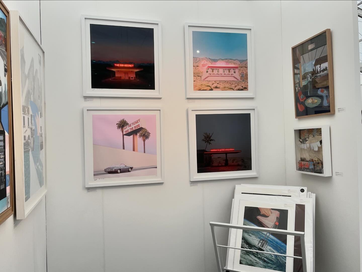 Loving this area of our stand F4 @affordableartfairuk #hampstead. Collages from @bonnieandclydeart , @feialexeli @joewebbart @francescalupo.art and @francesbloomfield looking gorgeous 🤩🤩
