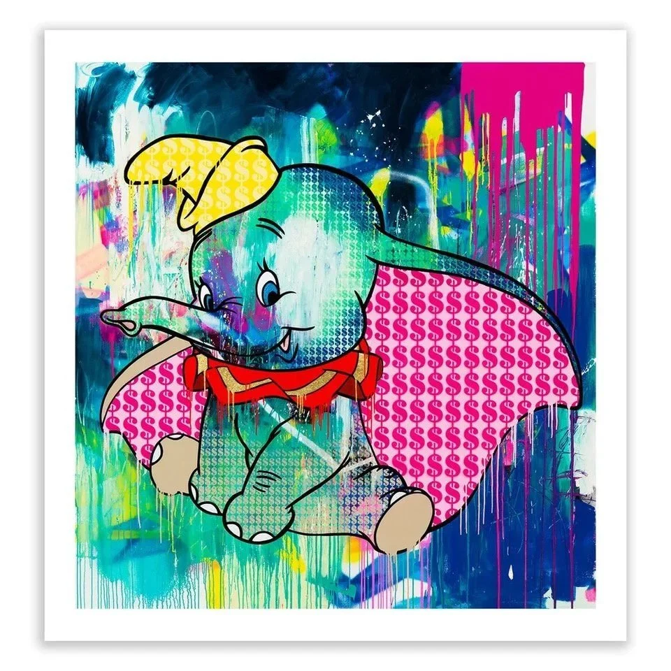 We are so excited to announce we are now able to offer a limited selection of prints by highly-collectible  pop artist Ben Allen.

Featured here is Dumbo Dollars, a hand finished Giclee print with pink and blue silver leaf and 24 carat gold leaf on 3