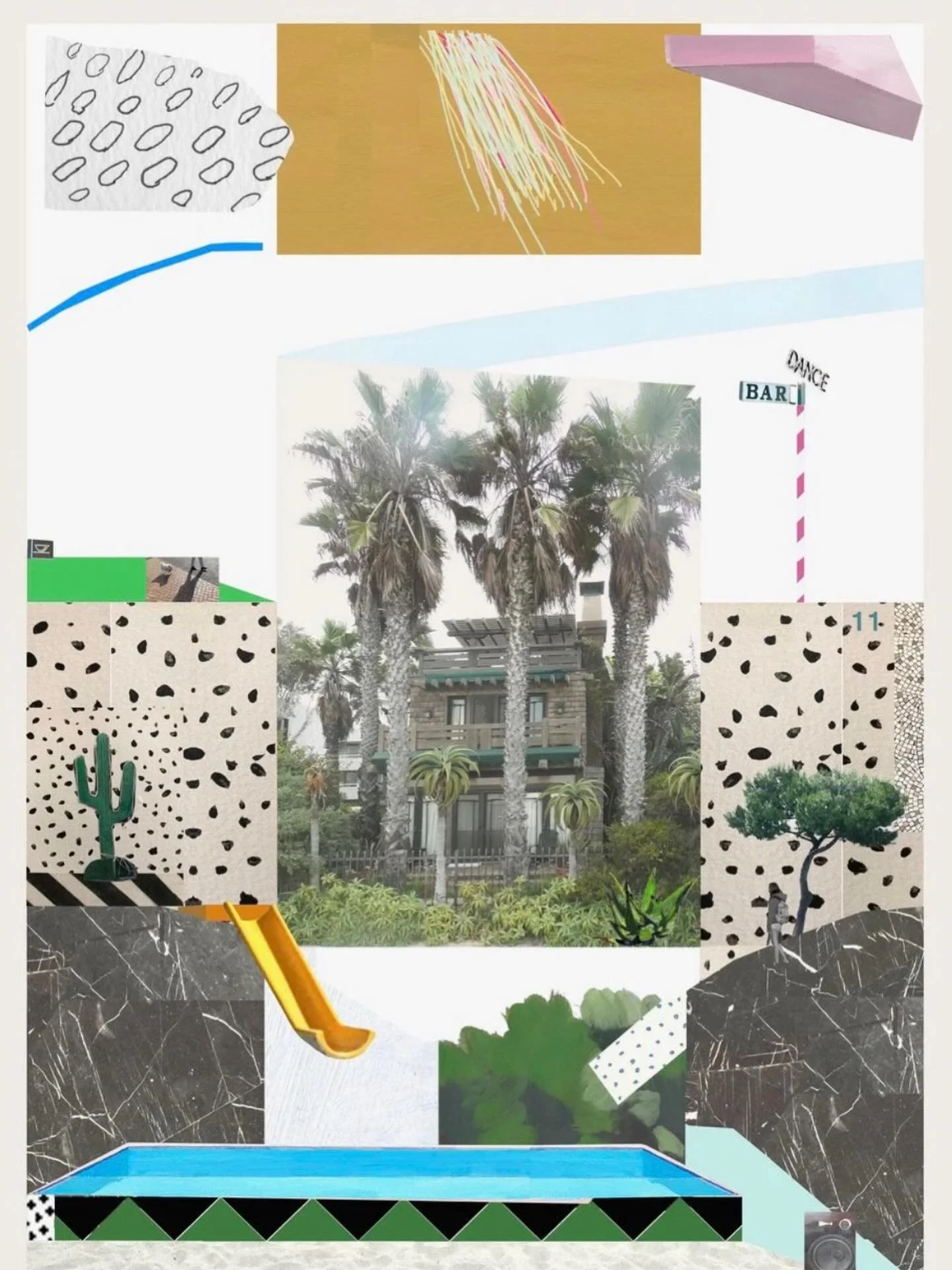One of our favourite pieces by the brilliant artist Steph Burnley @bonnieandclydeart is Disco At The Wellness Retreat. Blending architecture, nature, and graphic design into an imaginative space you feel partly in a relaxing resort, partly in a  drea
