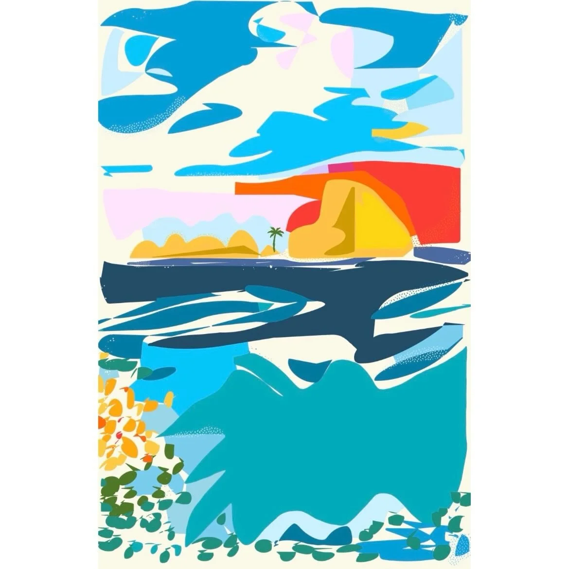With a retro travel poster vibe this vibrant limited edition from our brilliant artist Barny Cooke @frisco_arts_club will brighten up your walls.  This bright abstracted landscape is &lsquo;Balearic Sunset&rsquo;, a imited edition archival pigment in
