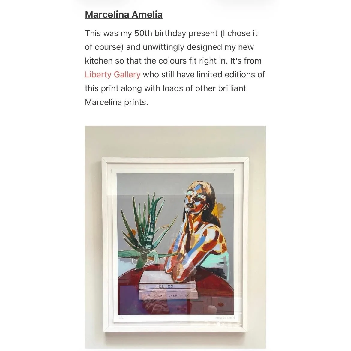 Thank you to the lovely @_lisa_dawson_ for including her fabulous &lsquo;Detox&rsquo; piece in her &lsquo;Joie de Vivre&rsquo; newsletter on shopping the art she has on her walls.  She&rsquo;s a great supporter of small businesses and artists 🤗. Thi