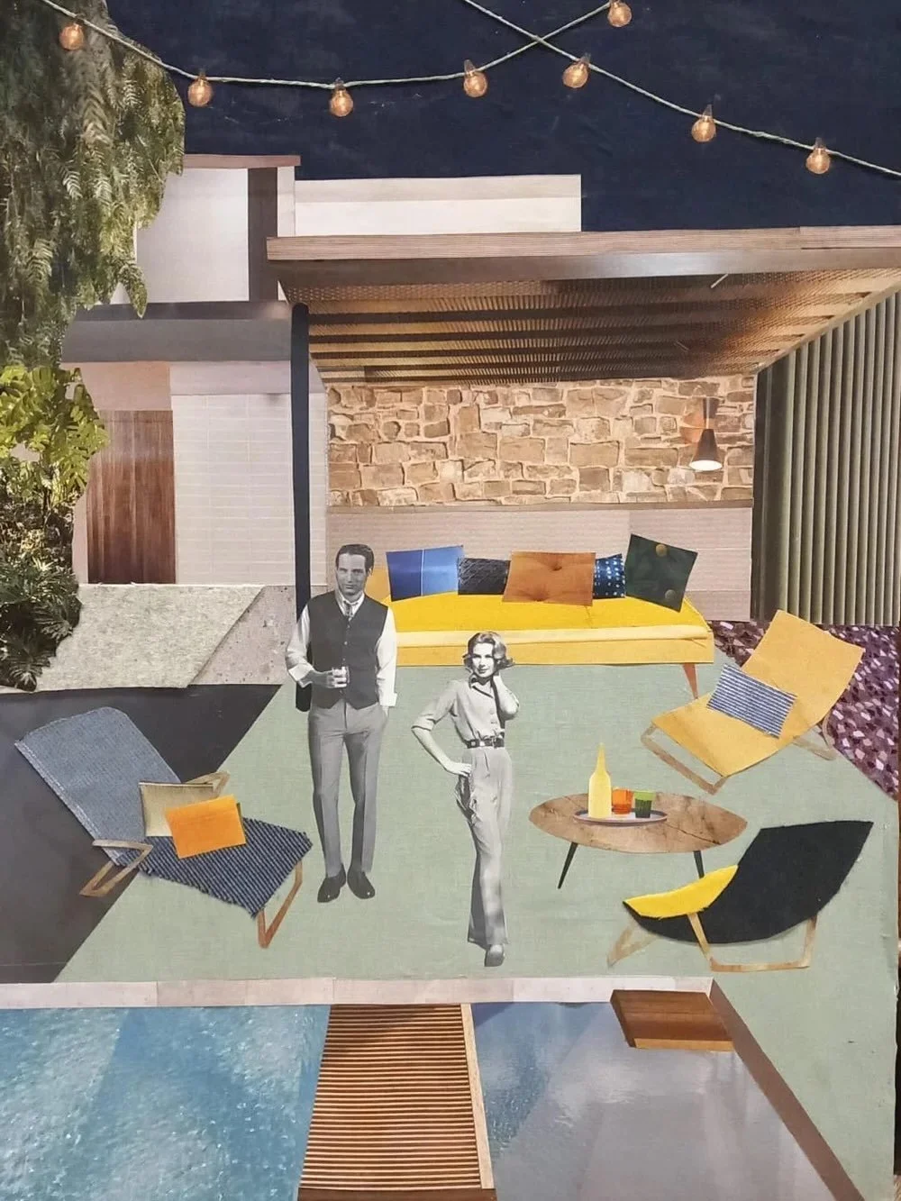 If you love mid-century modern, then this is the piece of art for you.

An original collage by our brilliant artist Francesca Lupo, this is Summer Night In California a mixed media collage, featuring the coolest couple, Grace Kelly and Pail Newman
Th