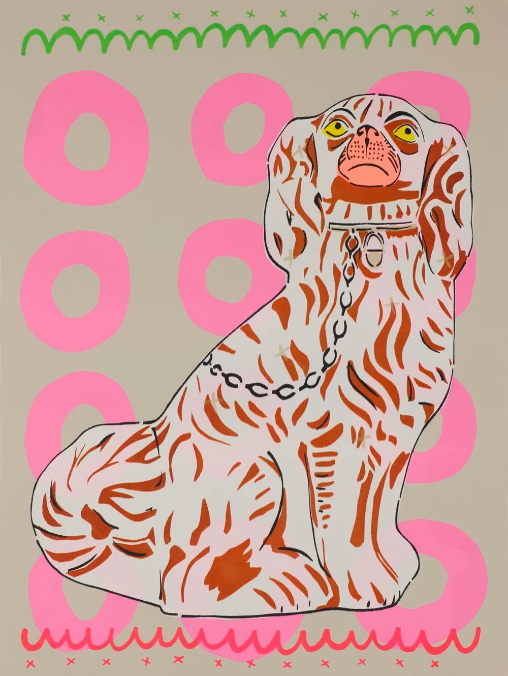 If you&rsquo;re looking for  vibrant, bold and playful art, these new pieces by our brilliant artist Mew will be a perfect fit.  The dogs sit perfectly against the pink geometric background and gently engage with the viewer. 

These are 2 new, 9-colo