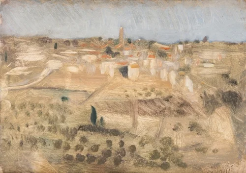 'The City of Mars: Areopoli from the sanctuary of Sotiras' oil on board 15.5 x 21.5cm