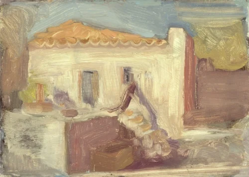 'Bereft of Life: Farmhouse near Diros Bay' oil on board 15.5 x 21.5 cm
