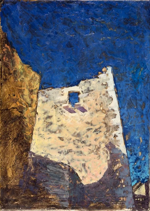'Pirgos 2: War Tower' oil on gesso panel 35.5 x 26 cm
