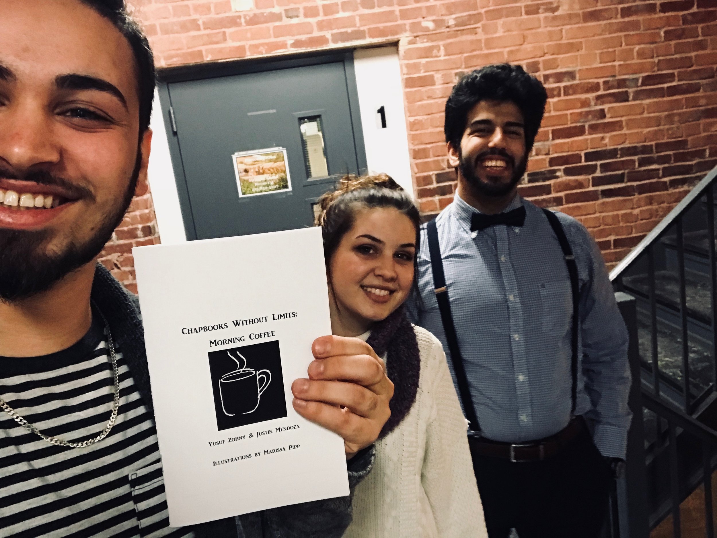 From left-right: Yusuf, Marissa, and Justin celebrating their chapbook.