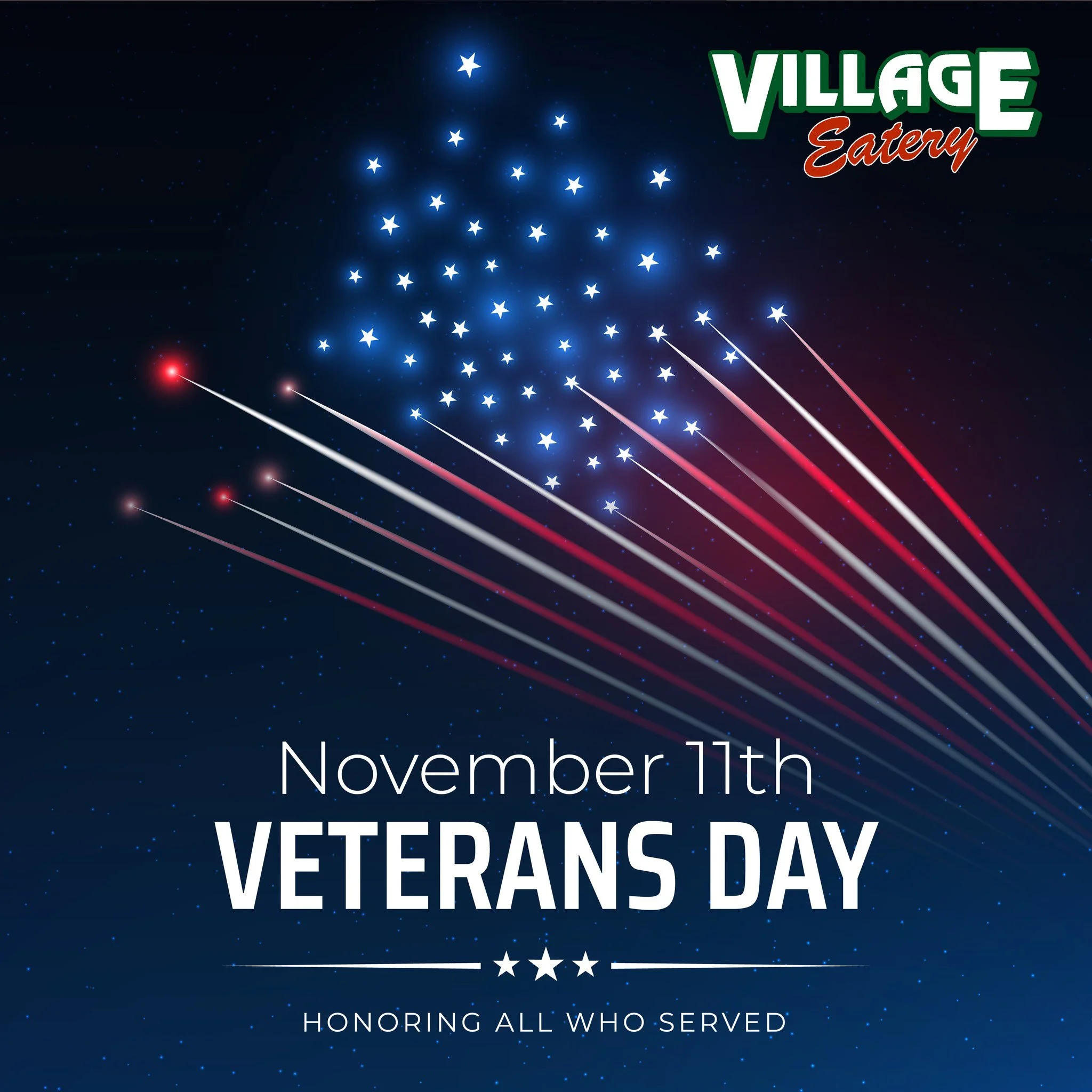 𝐇𝐨𝐧𝐨𝐫𝐢𝐧𝐠 𝐓𝐡𝐨𝐬𝐞 𝐖𝐡𝐨 𝐒𝐞𝐫𝐯𝐞𝐝 𝐓𝐡𝐢𝐬 𝐕𝐞𝐭𝐞𝐫𝐚𝐧𝐬 𝐃𝐚𝐲❤️🤍💙

If you know or have any veterans or active military in your family make sure you thank them today! At Village Eatery we know that our military service men and wom