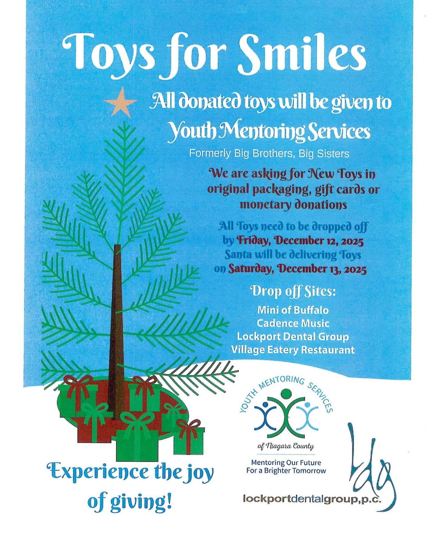 Toys for Smiles is back at the Village Eatery Italian Bistro!! 

We are collecting toys for Youth Mentoring Services (formerly Big Brothers, Big Sisters) and we would love your help!!

Drop off a new toy in the original packaging by December 12th, an
