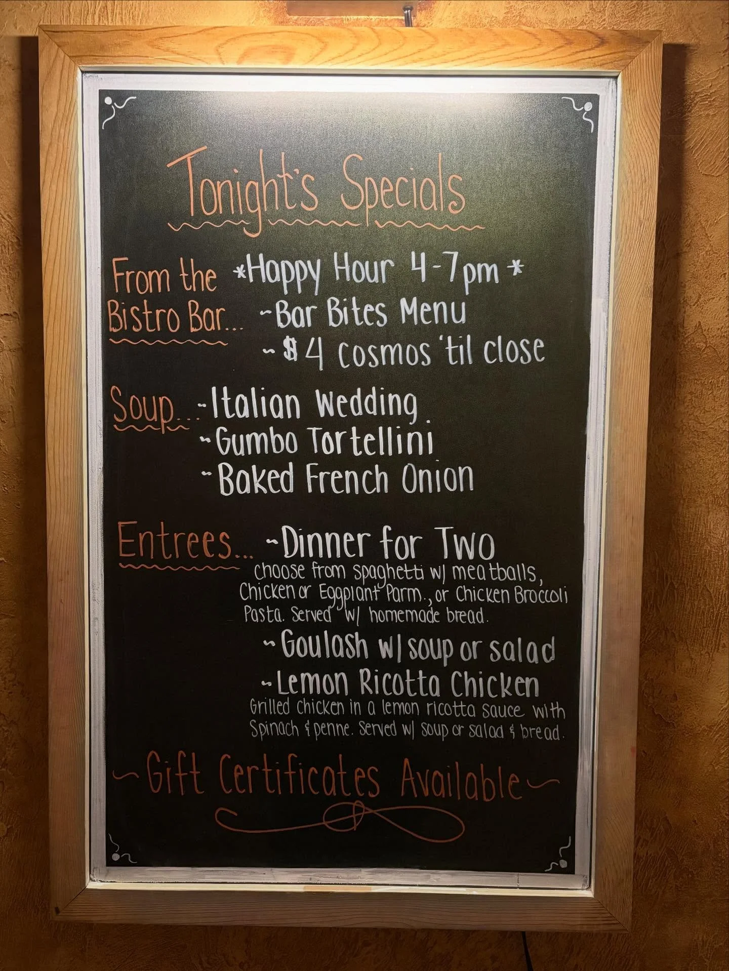 ✨Happy Tuesday!✨

🦃 It&rsquo;s Thanksgiving week! Let us do the cooking for you!

🍝 Enjoy our Dinner for Two, Goulash, or Chef Nick&rsquo;s Lemon Ricotta Chicken! We guarantee they&rsquo;ll warm your soul. 

🍸The Bistro Bar is featuring $4 Cosmos,