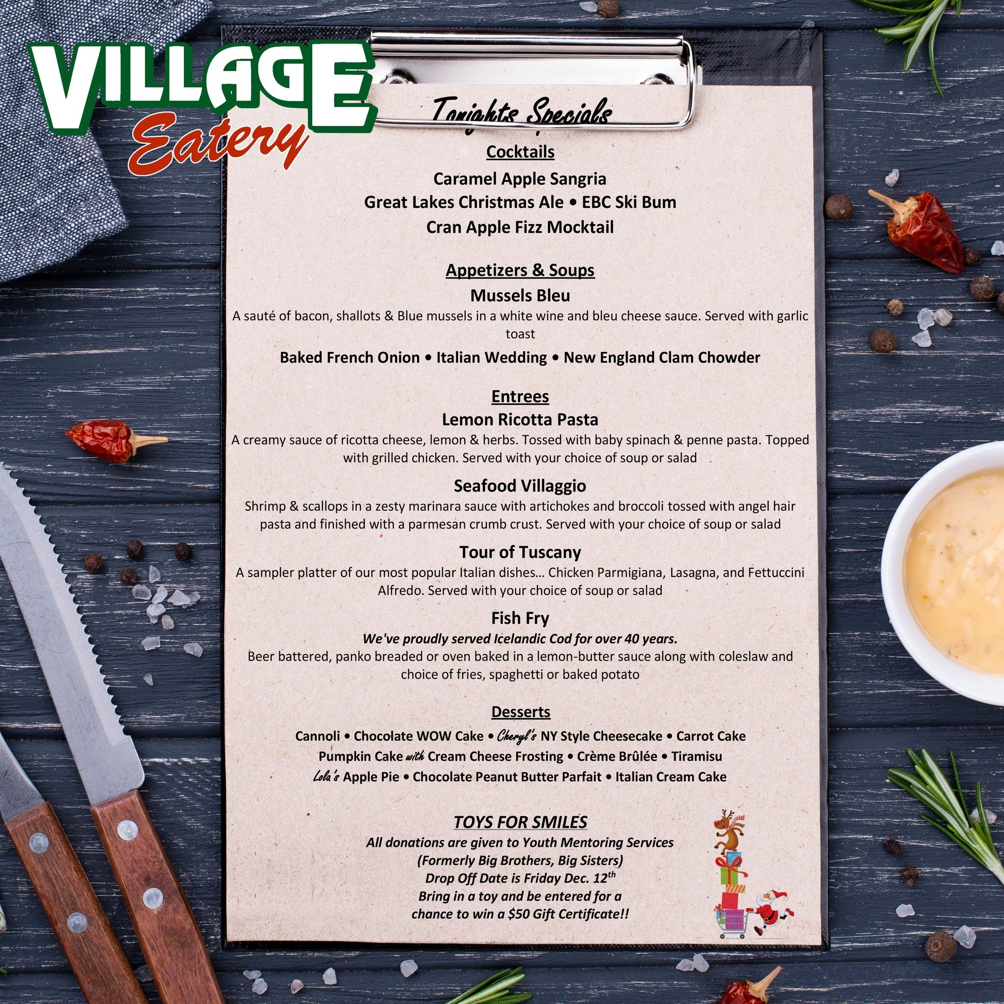 𝐋𝐨𝐜𝐤𝐩𝐨𝐫𝐭, 𝐎𝐮𝐫 𝐃𝐢𝐧𝐧𝐞𝐫 𝐒𝐩𝐞𝐜𝐢𝐚𝐥𝐬 𝐓𝐡𝐢𝐬 𝐖𝐞𝐞𝐤𝐞𝐧𝐝 𝐀𝐫𝐞 𝐨𝐧 𝐅𝐢𝐫𝐞!!!🔥🔥

As always, we have our Fish Fry on Friday, and Saturday is our Prime Rib dinner special. 𝗜𝗻 𝗮𝗱𝗱𝗶𝘁𝗶𝗼𝗻 𝘁𝗼 𝗼𝘂𝗿 𝗿𝗲𝗴𝘂𝗹𝗮𝗿 𝘀𝗽