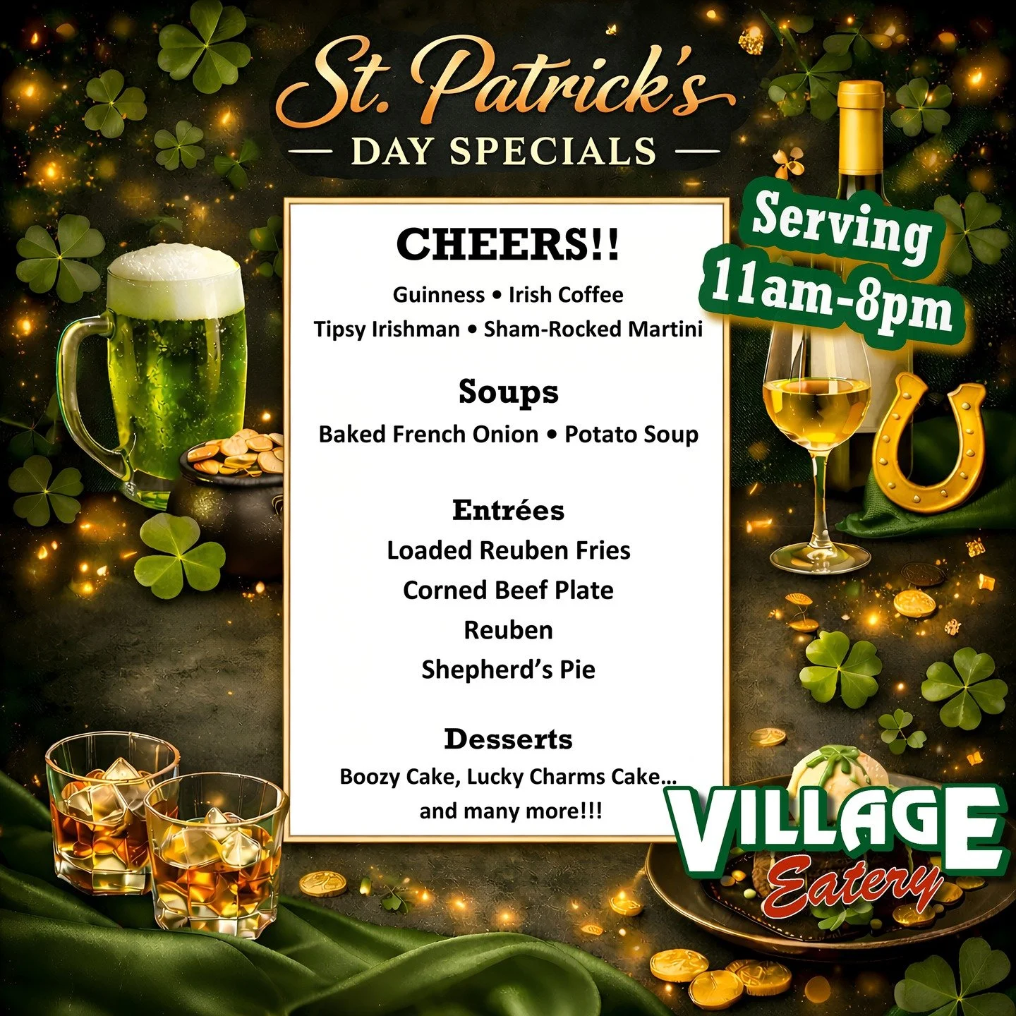 𝐒𝐭. 𝐏𝐚𝐭𝐫𝐢𝐜𝐤'𝐬 𝐃𝐚𝐲 𝐢𝐬 𝐑𝐢𝐠𝐡𝐭 𝐀𝐫𝐨𝐮𝐧𝐝 𝐭𝐡𝐞 𝐂𝐨𝐫𝐧𝐞𝐫 𝐀𝐫𝐞 𝐘𝐨𝐮 𝐒𝐩𝐨𝐫𝐭𝐢𝐧𝐠 𝐘𝐨𝐮𝐫 𝐆𝐫𝐞𝐞𝐧𝐬 𝐓𝐡𝐢𝐬 𝐓𝐮𝐞𝐬𝐝𝐚𝐲 𝐋𝐨𝐜𝐤𝐩𝐨𝐫𝐭?! 🍀🎩🌈💰

Come celebrate with our Irish specialties on St. Patty's Day fro