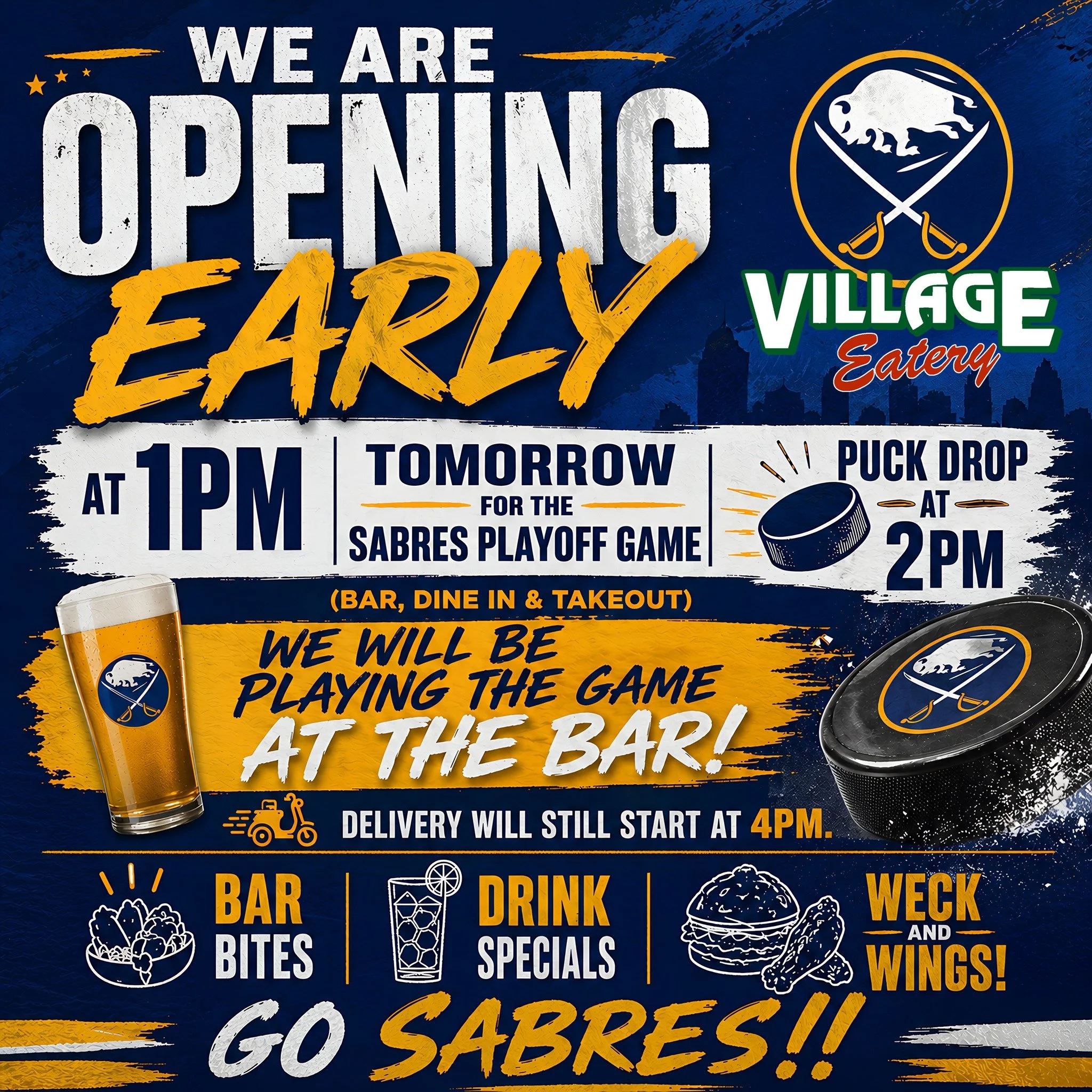 𝐕𝐢𝐥𝐥𝐚𝐠𝐞 𝐄𝐚𝐭𝐞𝐫𝐲 𝐢𝐬 𝐎𝐩𝐞𝐧𝐢𝐧𝐠 𝐄𝐚𝐫𝐥𝐲 𝐓𝐨𝐦𝐨𝐫𝐫𝐨𝐰 𝐚𝐭 𝟏𝐏𝐌 𝐟𝐨𝐫 𝐭𝐡𝐞 𝐒𝐚𝐛𝐫𝐞𝐬 𝐏𝐥𝐚𝐲𝐨𝐟𝐟 𝐆𝐚𝐦𝐞!!🏒🥅🏆

We are opening our bar, dining area, and will be open for takeout this Sunday starting at 1PM.  Delive