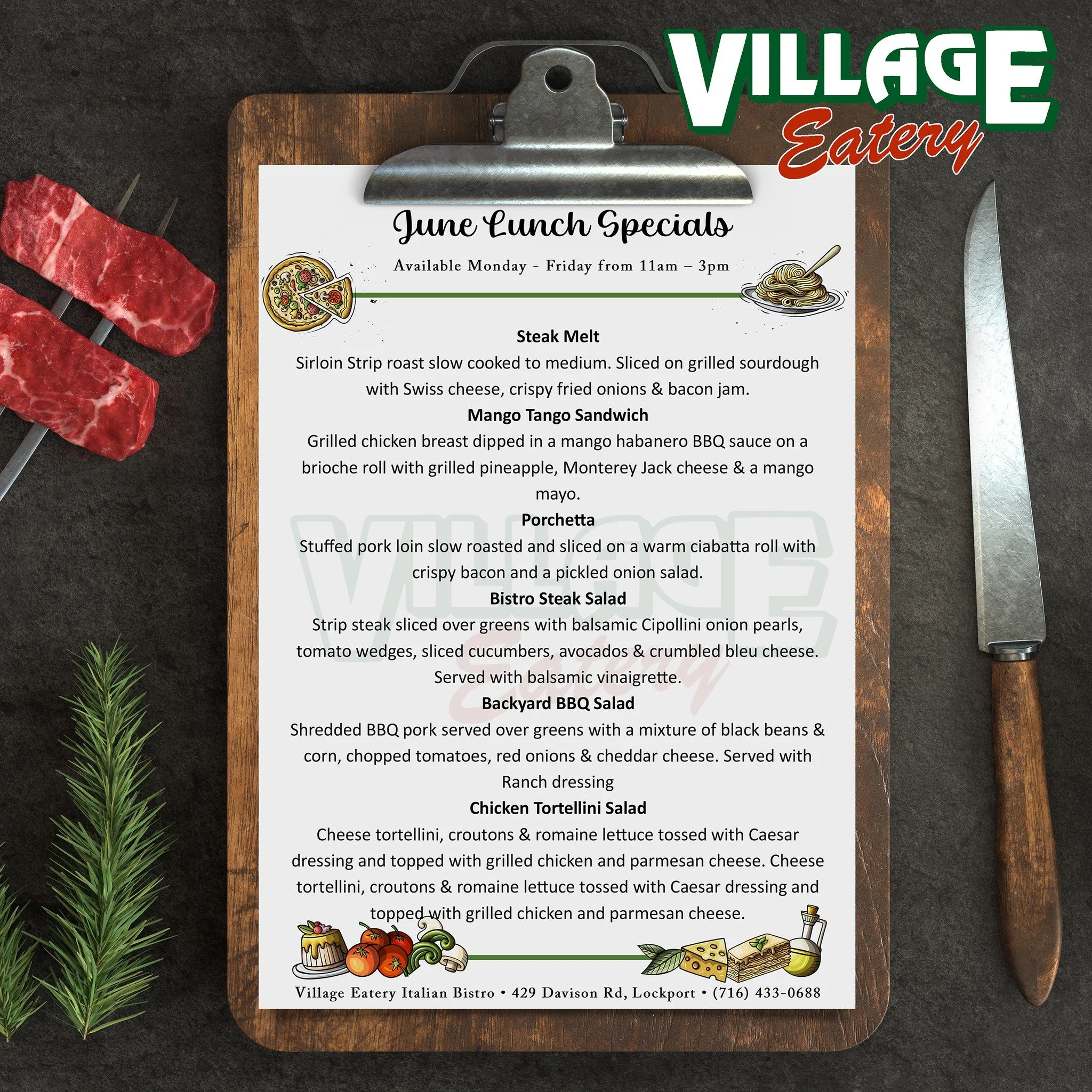 𝐋𝐞𝐭'𝐬 𝐃𝐨 𝐋𝐮𝐧𝐜𝐡, 𝐋𝐨𝐜𝐤𝐩𝐨𝐫𝐭! 𝗩𝗶𝗹𝗹𝗮𝗴𝗲 𝗘𝗮𝘁𝗲𝗿𝘆 𝗟𝘂𝗻𝗰𝗵 𝗦𝗽𝗲𝗰𝗶𝗮𝗹𝘀 𝗳𝗼𝗿 𝐉𝐮𝐧𝐞 𝗔𝗿𝗲 𝗡𝗼𝘄 𝗣𝗼𝘀𝘁𝗲𝗱🥗🍔😋

Lunch specials are served Monday through Friday from 11AM-3PM. 𝗔𝘃𝗮𝗶𝗹𝗮𝗯𝗹𝗲 𝗳𝗼𝗿 𝗱𝗶𝗻𝗲-?