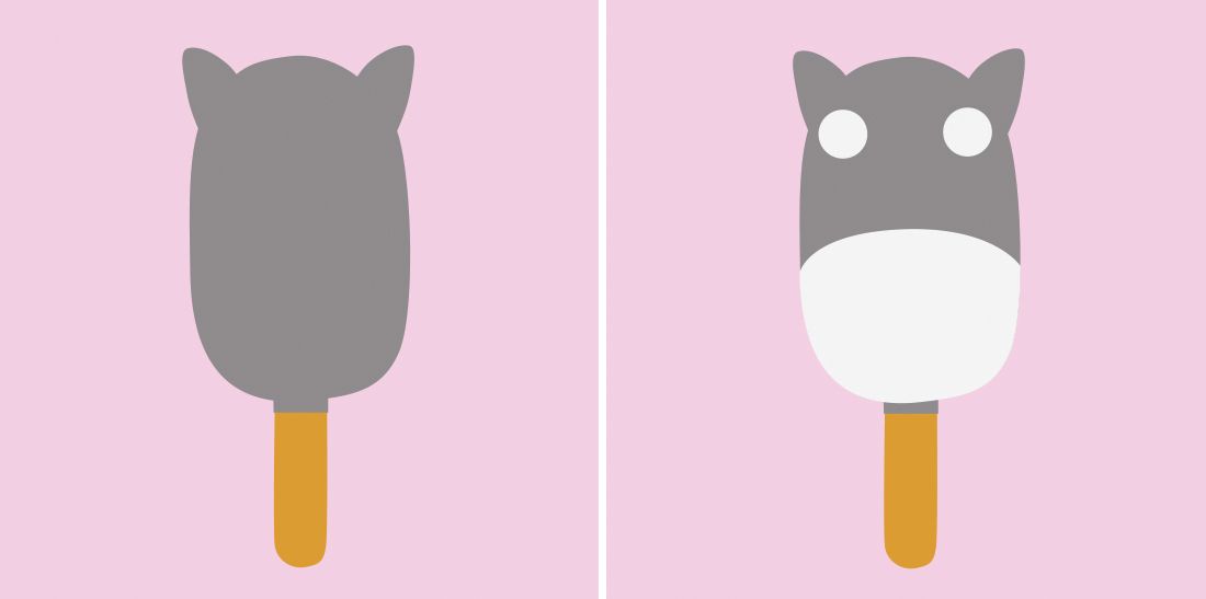 Dip the cake pops in grey melted chocolate, tapping your wrist gently to allow the excess chocolate to drip off. When the chocolate coat is completely dry, roll and cut out white fondant for the eyes and belly. Stick them onto the cake pop with melted chocolate. 