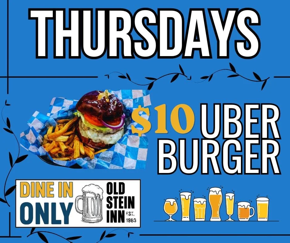 $10 UBER BURGER NIGHT!

Two griddled patties with muenster cheese, lettuce, tomato, onion, and crispy inn-cut frites on the side &mdash; all nestled in a pretzel bun.
Pair it with a perfectly poured German draft bier. Prost! 🥨

⚠️ DINE-IN ONLY 
📍 1
