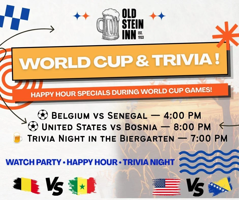 World Cup + Trivia = the only plans you need today.

Belgium vs Senegal &mdash; 4pm
USA vs Bosnia &mdash; 8pm
Trivia &mdash; 7pm in the Biergarten (Cancelled due the excessive heat.)

Happy hour specials all game long. See you there!

#OldSteinInn #W