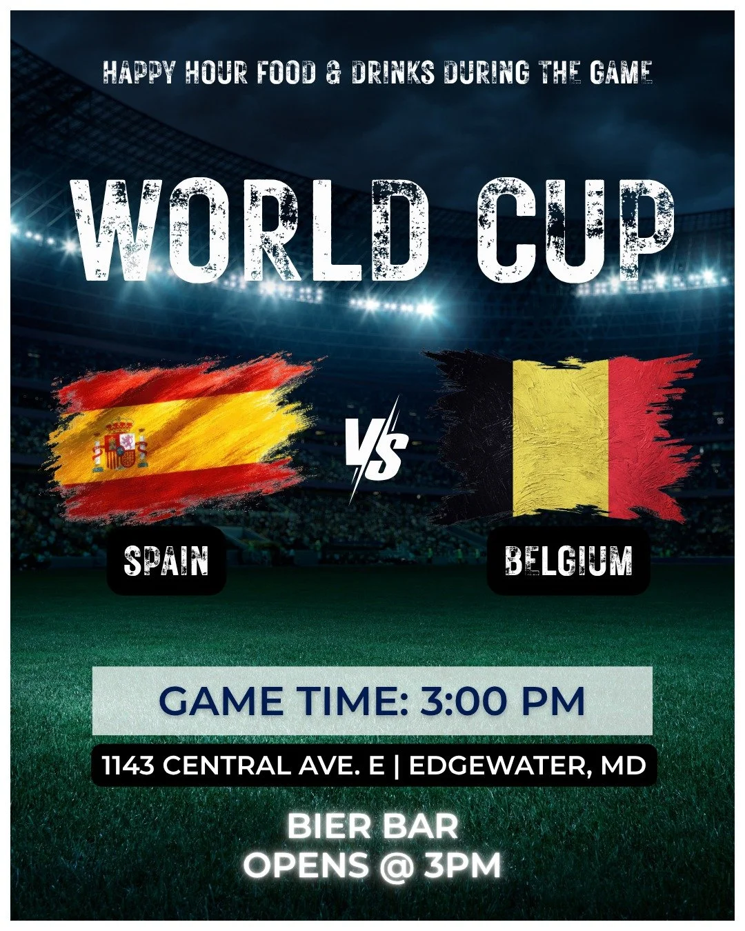 ⚽🏆 WORLD CUP QUARTERFINAL AT THE STEIN &mdash; TODAY! 🏆⚽
🇪🇸 SPAIN vs. BELGIUM 🇧🇪
⏰ Kickoff 3:00 PM | Bier Bar opens @ 3PM
🍺 Happy Hour food &amp; drinks during the game!
Spain knocked out Portugal to get here &mdash; now Belgium stands in the 