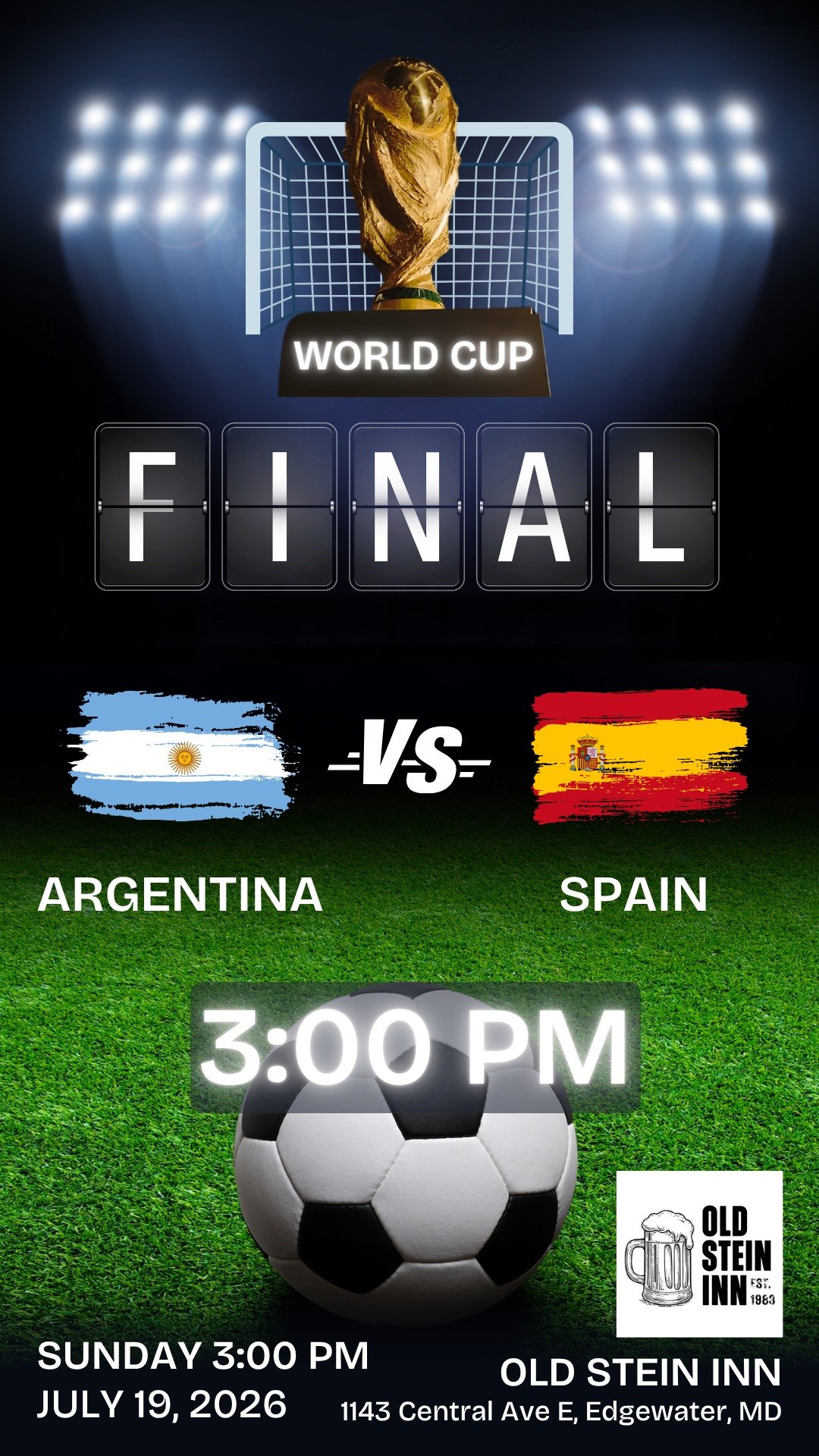 Argentina. Spain. One trophy. 3:00 PM today.

We are showing the World Cup Final in the biergarten and at the inside bar. Cold steins, full kitchen, and the whole place watching together. Get here early for a good seat.

410.798.6807
Old Stein Inn
ww