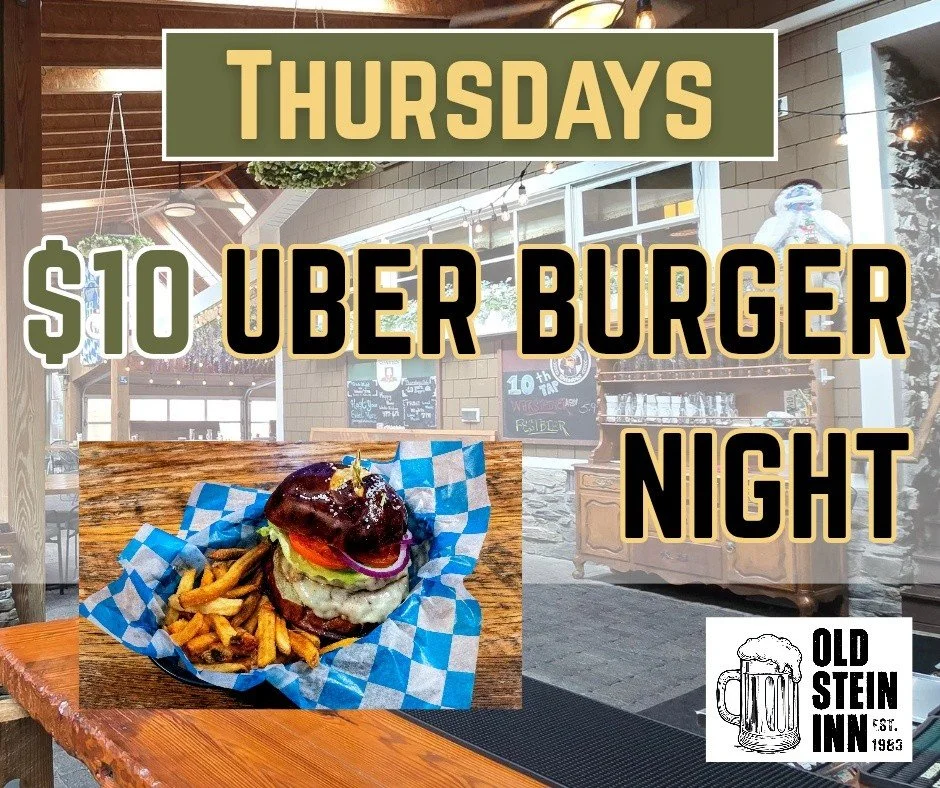 $10 &Uuml;ber Burger Every Thursday

Two patties, melted m&uuml;nster, lettuce, tomato and red onion, pretzel bun with frites on the side. 

Dine-in only. Walk-ins welcome.

Old Stein Inn
1143 Central Ave E.
Edgewater, MD 21037
(410) 798-6807
www.old