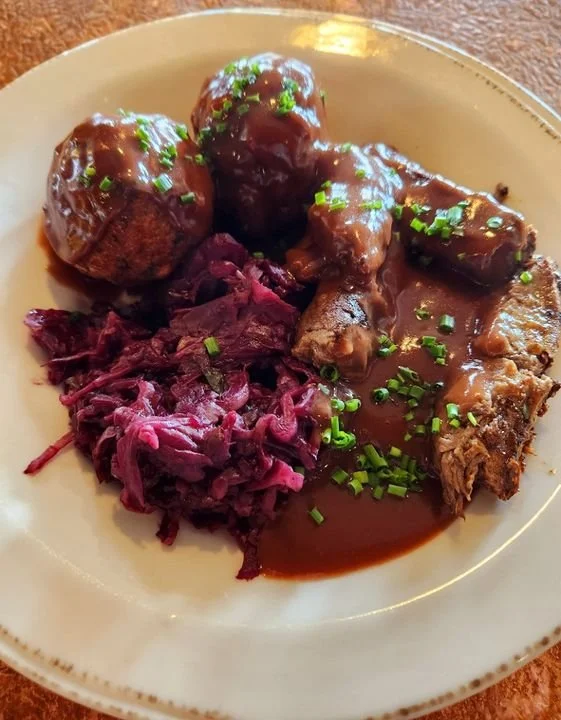 Short Rib Sauerbraten with red cabbage and pretzel dumplings.