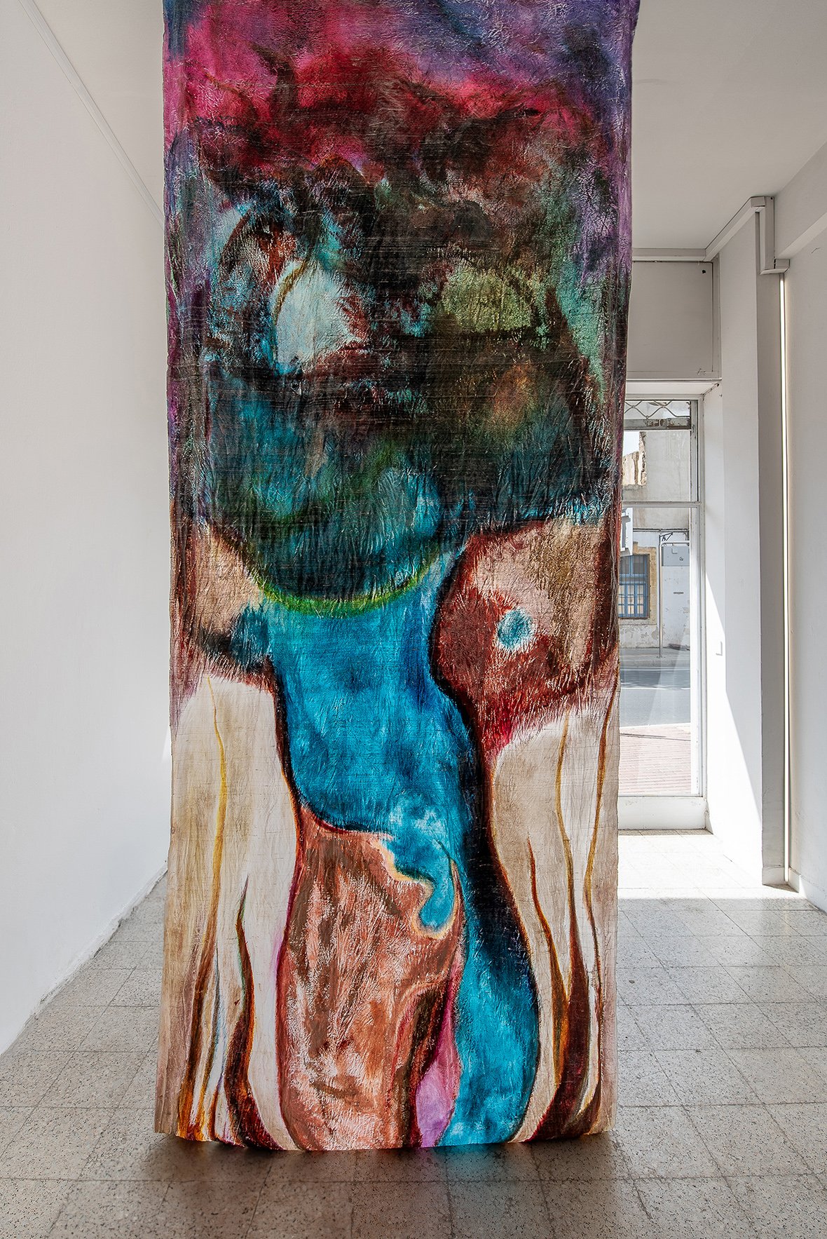 Back of 'Oceanic State', acrylic and oil on raw silk, 350 x 140 cm, 2023. Photography by Mirka Koutsouri.jpg