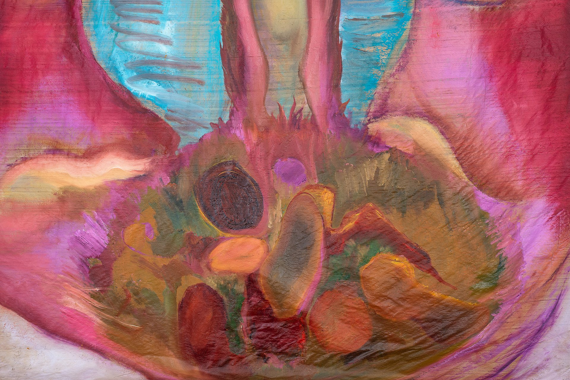Detail of 'Gonad', acrylic and oil on raw silk, 350 x 140 cm, 2023. Photography by Mirka Koutsouri.jpg