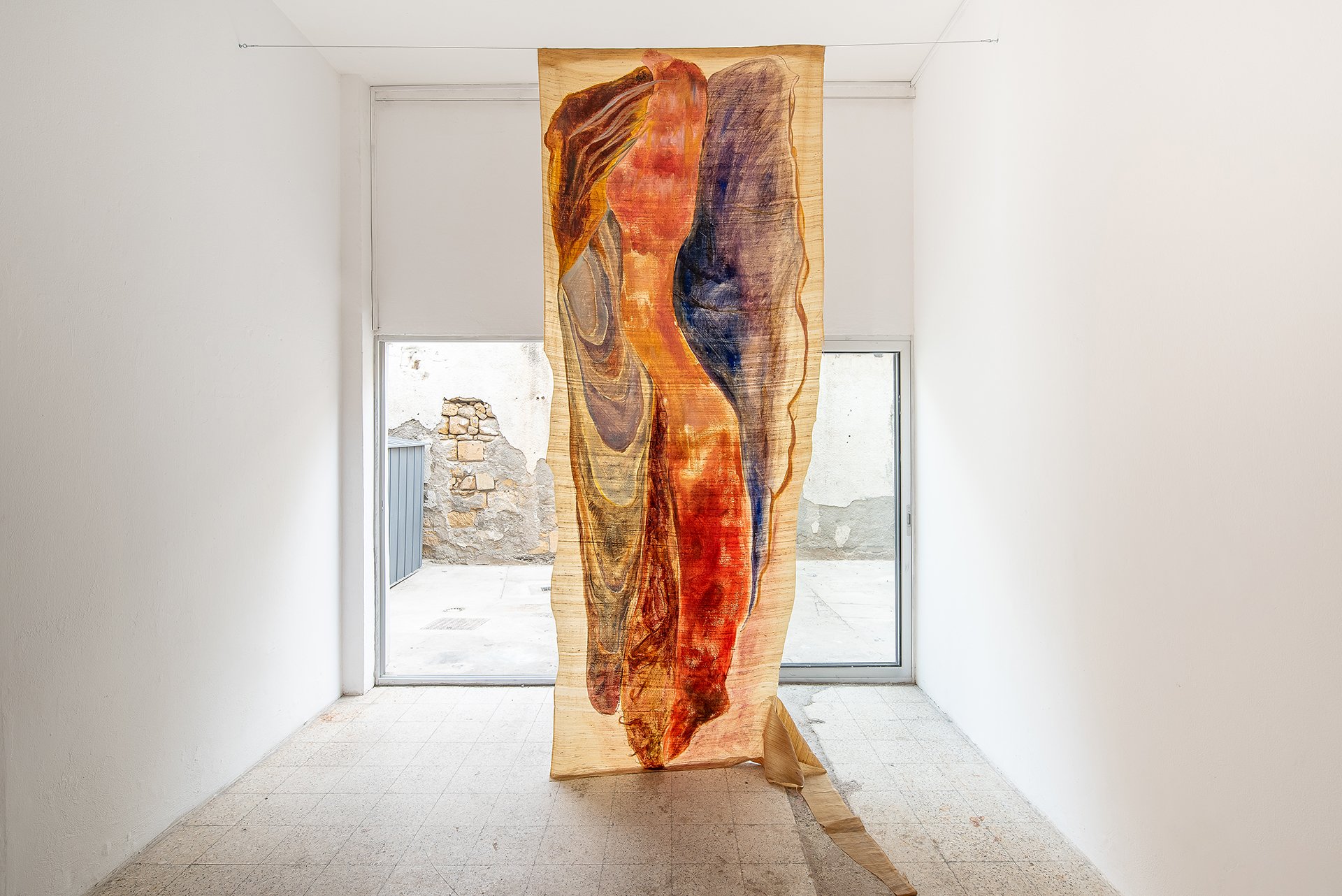 Refugium, acrylic and oil on raw silk, 350 x 140 cm, 2023. Photography by Mirka Koutsouri.jpg