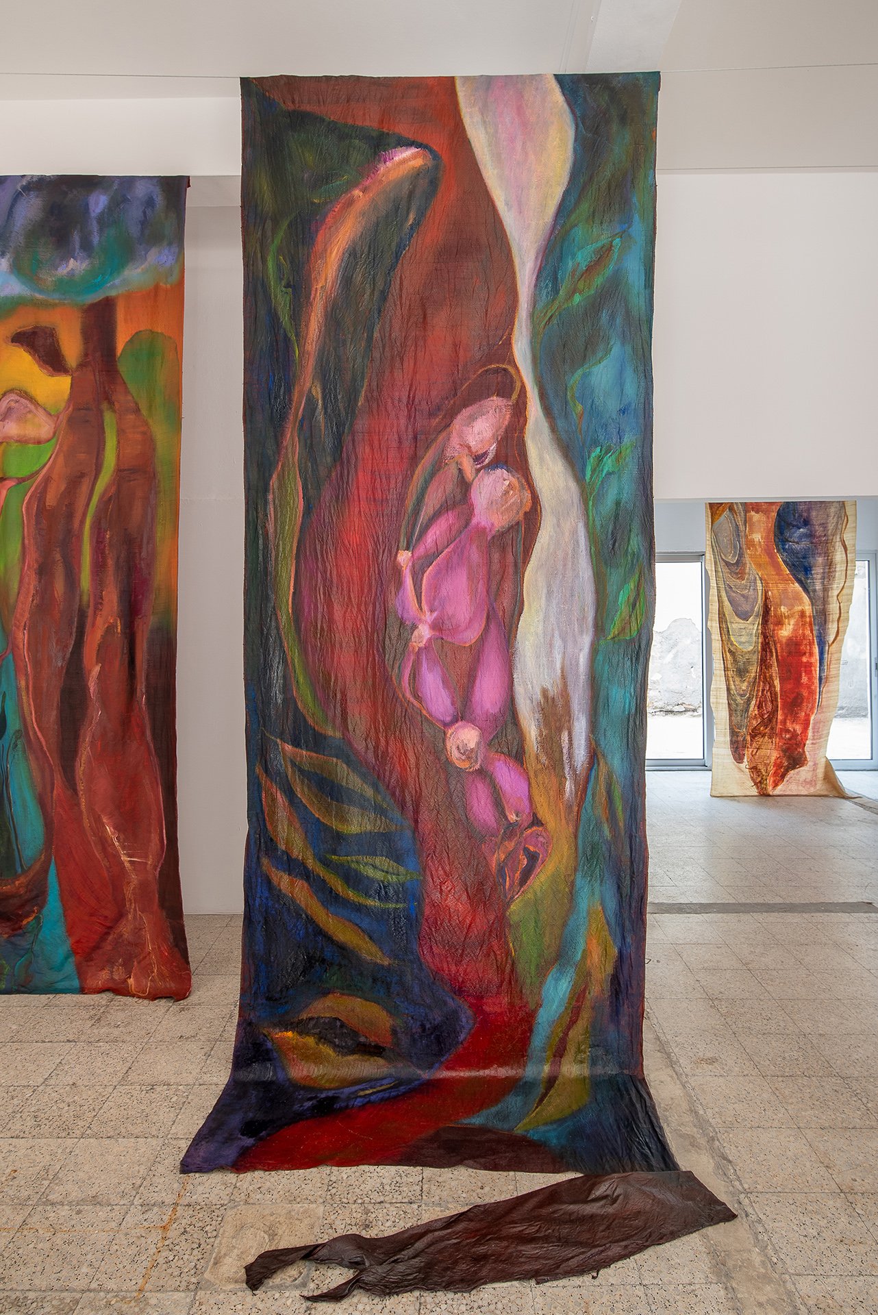 Woven Lamentations, acrylic and oil on raw silk, 350 x 140 cm, 2023. Photography by Mirka Koutsouri.jpg