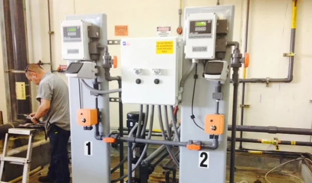 Replacement of bleach pump with special vacuum feeders eliminated frequent pipe and valve leaks that were caused by running the pump at 100% capacity just to get close to what was needed.