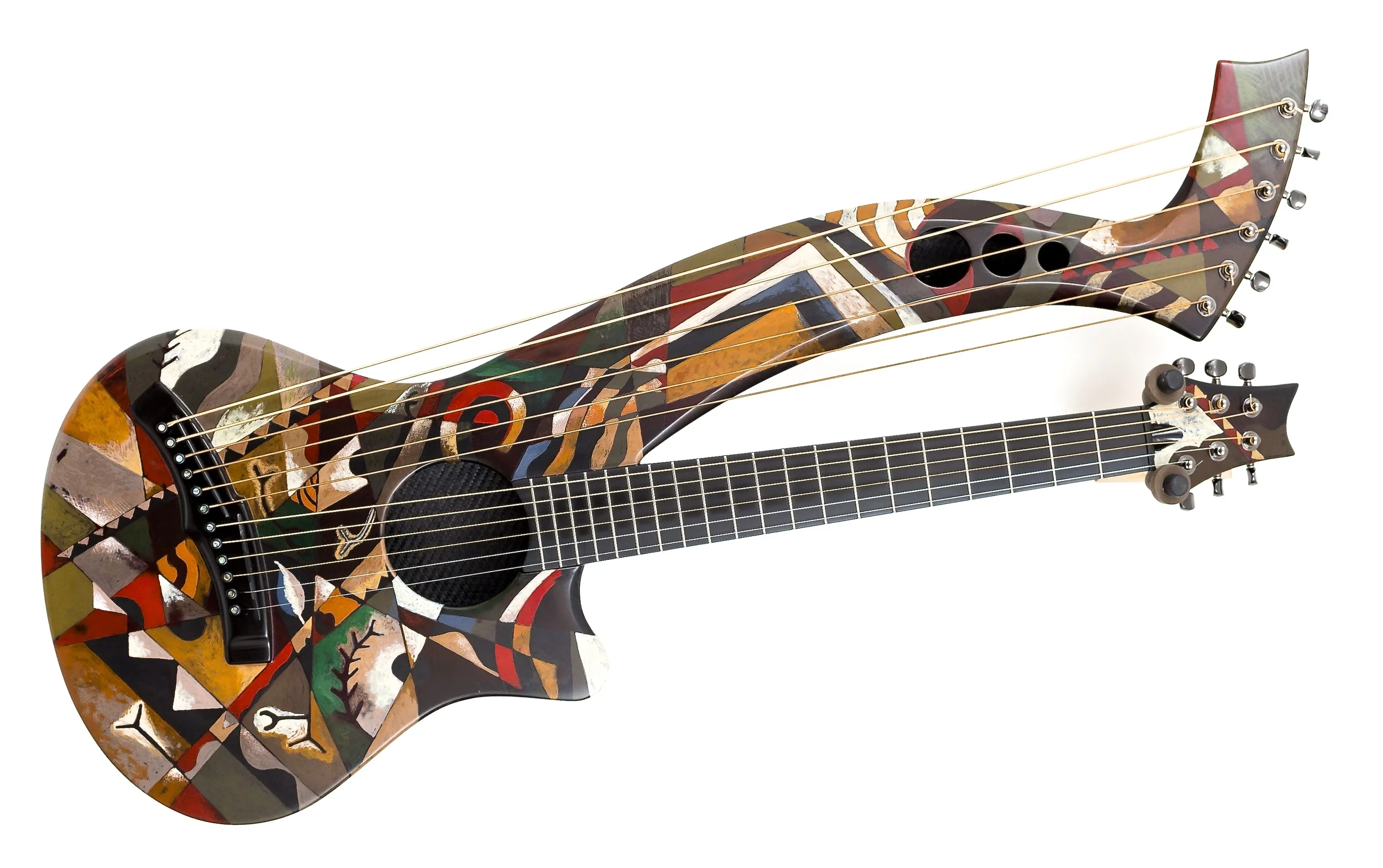Synergy harp guitar now on sale, pictured above, the "Modernist.” Artists pigment in shellac on carbon-fiber harp guitar by Emerald guitars of Ireland…with electronic.s……contact Emerald guitars of Ireland. #emeraldguitars #harpguitar #artoftheacousticfinish