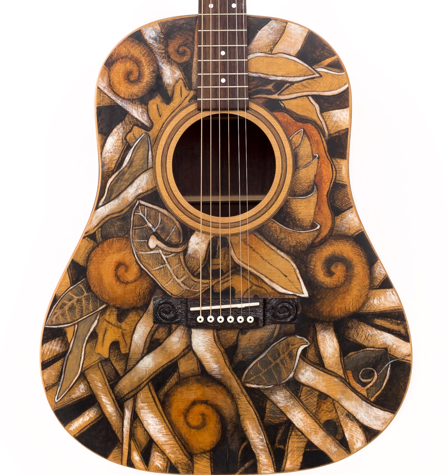 Ribbon and Spirals motif. Artists pigment in Lacquer. Deep dreadnaught sized guitar, custom made by Peter Cree. Paduak sides and back, sitka spruce top. 1250.00