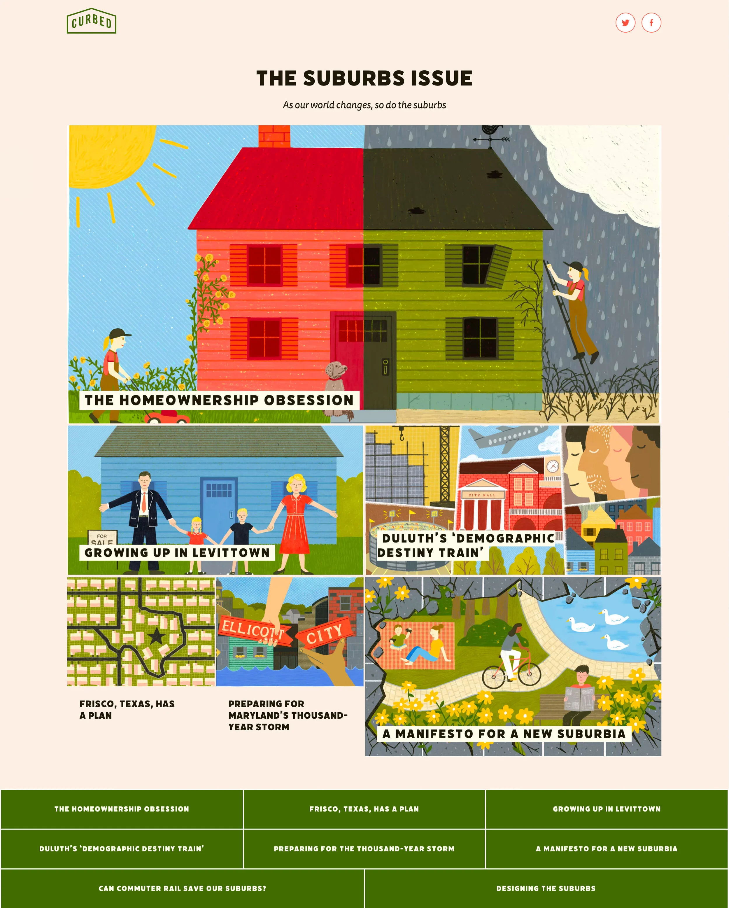 Package page for Curbed’s  Suburbs Issue . Illustrations by  Kelly Abeln .