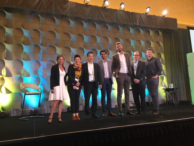 Half of the 2019 Passport Class class takes the stage at CBRE’s annual Multifamily Summit in Chicago, speaking on AI, sustainability, tech-enabled services and more.    (from L) Constance Freedman, founder, Moderne Ventures; Karly Doble, chief risk officer, Eusoh; Michael Chang, co-founder and head of business development, ByteGain; Naman Trivedi, co-founder and CEO, WattBuy; Daniel Berlind, co-founder and CEO, Snappt; Richard Kincaid, founder and CEO, SageGreenlife, Matt Ehrlichman, founder, Porch.