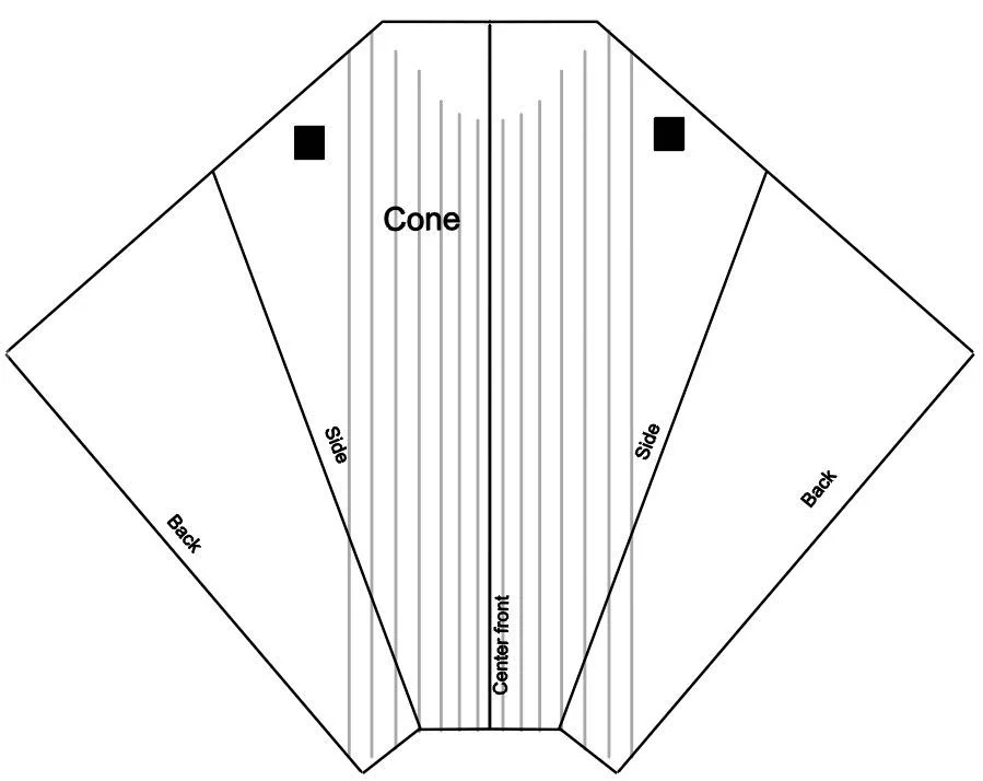 step 2 - Shirt Cone - Using the black squares, align the vellum with the cone template. Cut out the cone through both pages with a craft knife.
