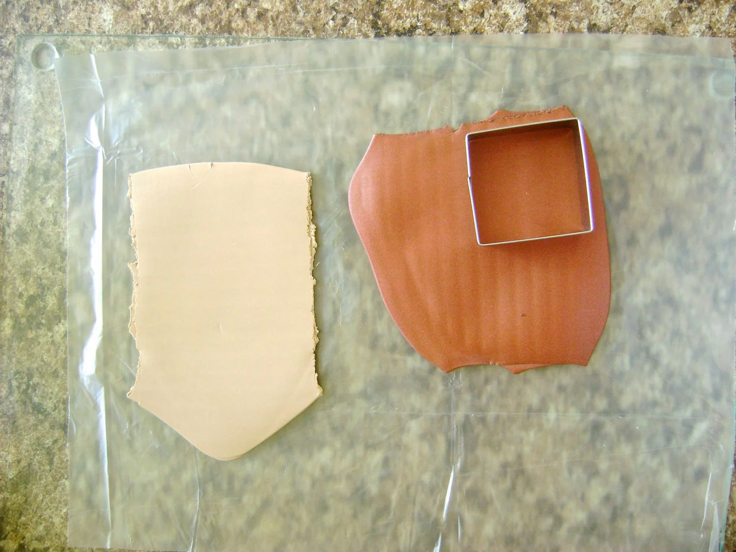 step 2 - You will need approximately two ounces of Bronze, one ounce of Tan and four ounces of White Translucent clay. Pass Bronze and Tan pieces through the conditioning machine on the# 1 setting. With a 1.50” cutter, create four squares of each. 