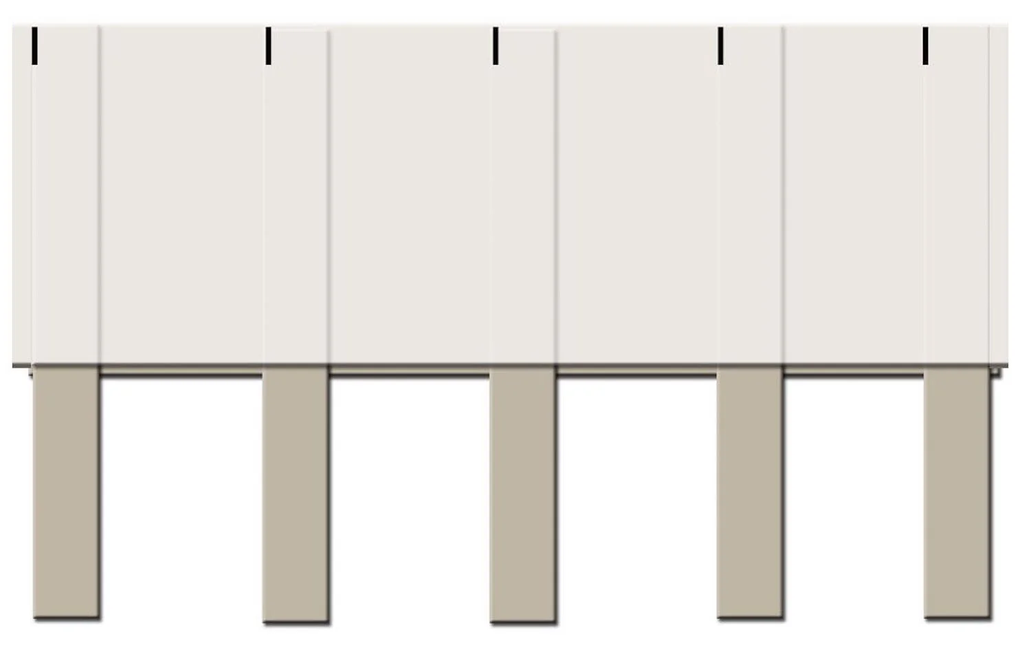 step 4 - Lay a top piece on your work space, right side up. Position a tab .5/8”” from the left edge, and the raw edges flush with the upper edge of the piece. Secure the tab with a pin. Continue lining up and pining the next 4 tabs in the same way, with a 6.5” space between them. The last tab should be positioned 5/8” from the right edge.