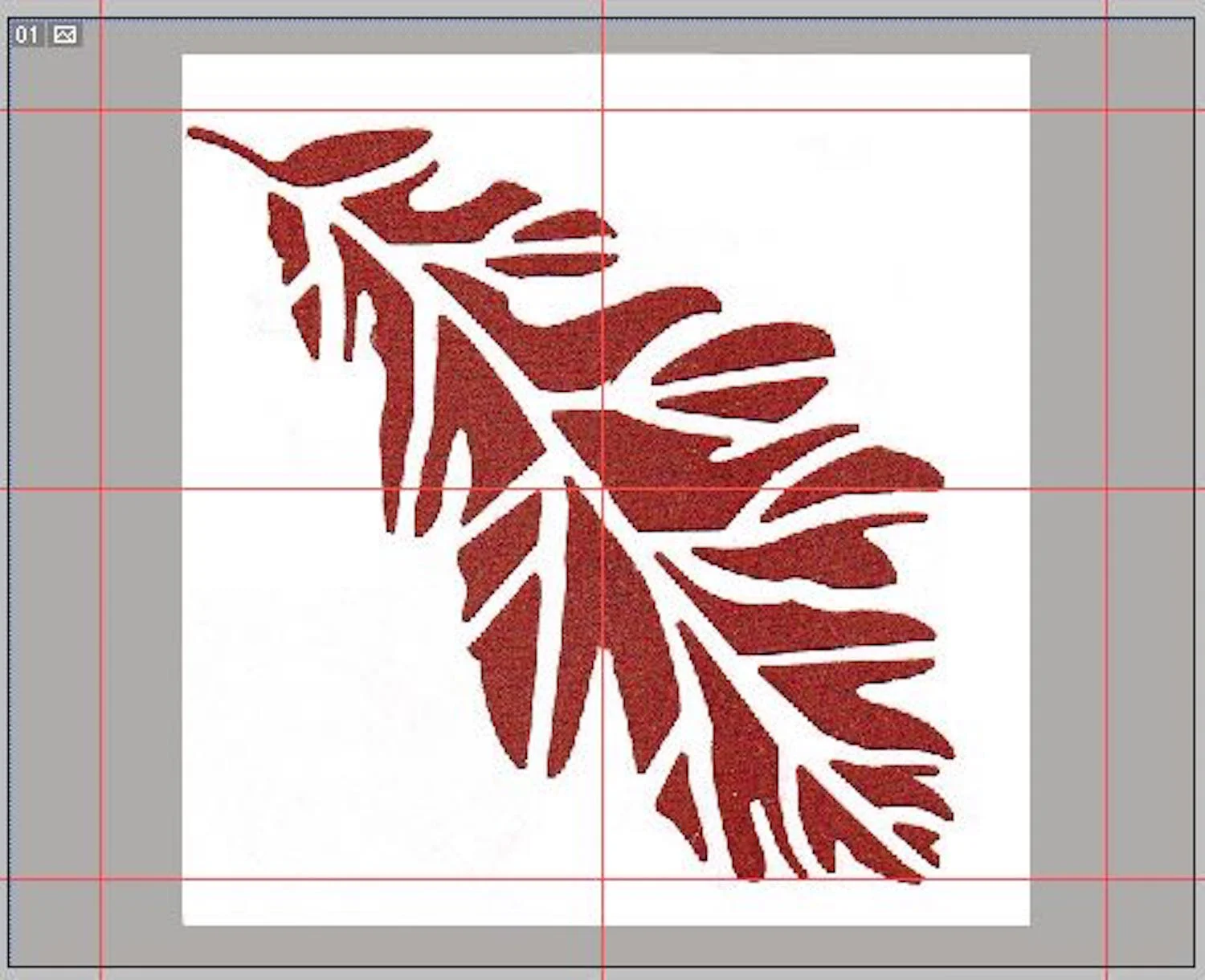 step 3 - With the leaf layer selected, go to “transform” from the “edit” menu and click on “scale”. Hold down the shift key (which constrains the image proportions) and drag a corner of the leaf until the image fills the space inside the 1.5” guides.